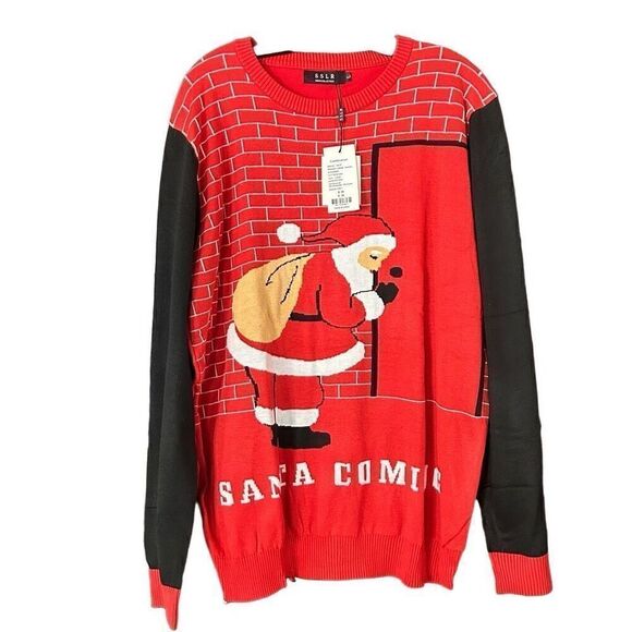 SSLR Men's Size Large Holiday Knit Ugly Christmas Sweater Res Santa Coming NWT - Picture 1 of 5